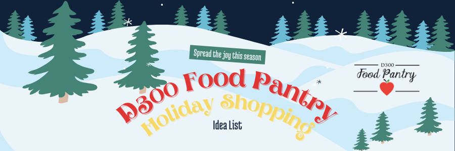 Winter scene with the words D300 Food Pantry Holiday Shopping Idea List