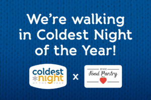 Banner that says we'er walking in the coldest night of the year, with a CONY and D300 Food Pantry Logos